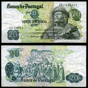 Португалия 20 эскудо 1971 27 июля 1971, Гарсия Де Орта, signatures: Jos? da Silva Lopes & Lu?s Carlos de Assun??o Braz Teixeira Pick 173(5) бумага 7204-5-1-2