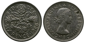 Великобритания 6 пенсов 1966 Елизавета II (1952-2022) KM 903, Spink 4149 медно-никель 4381-847