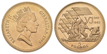 Гибралтар 5 фунтов 1995 50 лет со дня победы над Японией KM 335 вирениум BU 413-2943