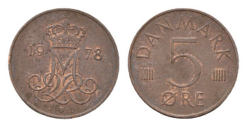 Дания 5 эре 1978 S; B, Маргрете II (1972-2024) KM 859 железо плакированное медью 4617-966