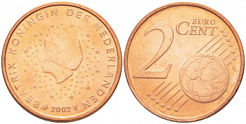 НИДЕРЛАНДЫ 2 ЕВРОЦЕНТА 2002 KM 235 сталь покрытая медью UNC 3457-1114