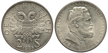 Австрия 2 шиллинга 1935 25 лет со дня смерти Карла Люгера KM 2855 серебро 413-5911