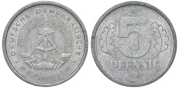 ГДР 5 ПФЕННИГОВ 1983 A КМ 9.2 алюминий 62-525