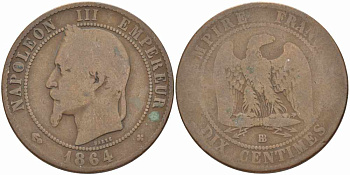 ФРАНЦИЯ 10 САНТИМОВ 1864 BB, НАПОЛЕОН III (1852-1870) KM 798.2, LE FRANC 134.12 бронза 4389-622