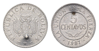 Боливия 5 сентаво 1987 KM 201 нержавеющая сталь 4674-1014