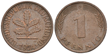 ФРГ 1 пфенниг 1974 D KM 105, J.380 сталь плакированная медью 4609-329