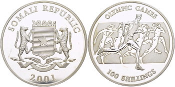 Сомали 100 шиллингов 2001 Олимпийские игры, бег серебро PROOF 1074-6-52