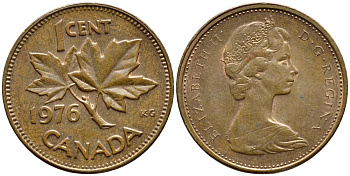 Канада 1 цент 1976 Елизавета II (1952-2022), кленовый лист KM 59.1 бронза 4396-434