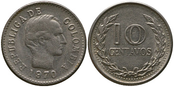 Колумбия 10 сентаво 1970 KM 236 сталь плакированная никелем 4576-1114