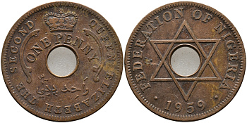 Нигерия 1 пенни 1959 Елизавета II (1952-), Британский протекторат KM 2 бронза 51-2941