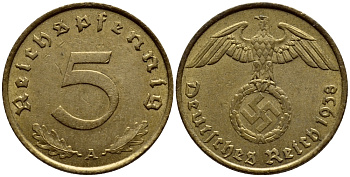 ГЕРМАНИЯ 5 РЕЙХСПФЕННИГОВ 1938 A, КМ 91, J.363 алюминиевая бронза 4387-864