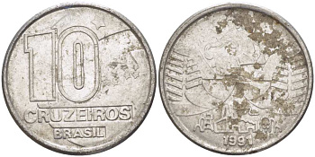 Бразилия 10 крузейро 1990 золотодобыча KM 619.1 нержавеющая сталь 4178-622