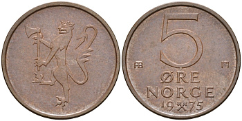 Норвегия 5 эре 1975 Улаф V (1958-1991) KM 415 бронза UNC 4582-542