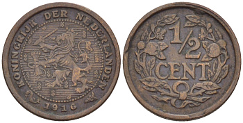 НИДЕРЛАНДЫ 1/2 ЦЕНТА 1916 ВИЛЬГЕЛЬМИНА (1890-1948) KM 138 бронза 39-168