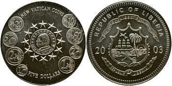Либерия 5 долларов 2003 новые евромонеты Ватикана KM NEW медно-никель  UNC  1066-4-25