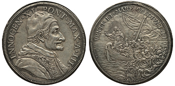 Ватикан 1 пиастр A III (1678/1679) Иннокентий XI, Ииусус усмиряющий бурю на море  Dav. 4089, Muntoni 43 серебро 10-005-27