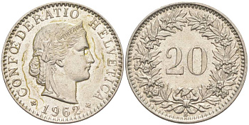Швейцария 20 раппенов 1962 В KM 29a медно-никель 55-816