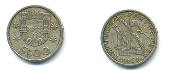 ПОРТУГАЛИЯ 5 ЭСКУДО 1967 ПАРУСНИК KM 591 медно-никель 176-557