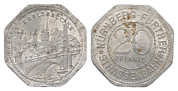 Нюрнберг трамвайный (транспортный) жетон в 20 пфеннигов ND (1920-1921) Карлов мост Men05 19256.19, Men18 24102.19 алюминий 4638-255