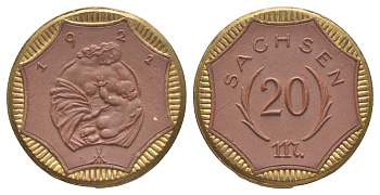 Саксония 20 марок 1921 Men22.2 27868.58, Scheuch 72 фарфор 1094-10-63