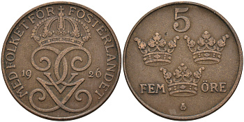 Швеция 5 эре 1926 Густав V (1907-1950) KM 779.2 бронза 4589-444