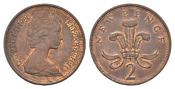 Великобритания 2 пенса 1980 Елизавета II (1952-2022) KM 916, Spink 4235 (C1) бронза 4673-913