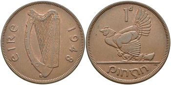 ИРЛАНДИЯ 1 ПЕННИ 1948 КУРИЦА С ЦЫПЛЯТАМИ KM 11 бронза 111-834