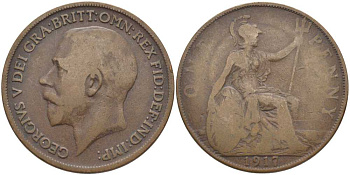 Великобритания 1 пенни 1917 Георг V (1910-1936) KM 810, Spink 4051 бронза 115-116