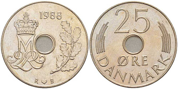 ДАНИЯ 25 ЭРЕ 1988 R;B, МАРГРЕТЕ II (1972-) KM 861.3 медно-никель 202-752