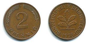 ФРГ 2 пфеннига 1978 F KM 106a, J.381a сталь плакированная медью 3999-1144