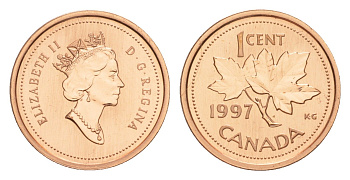 Канада 1 цент 1997 Елизавета II (1952-2022), кленовый лист, specimen KM 289 цинк плакированный бронзом BU 4639-413