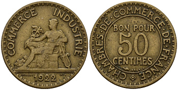 Франция 50 сантимов 1922 тип Chambre de Commerce KM 884, Le Franc 191.5 алюминиевая бронза 4154-1112