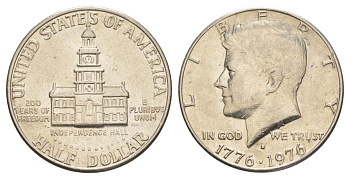 США 1/2 доллара (50 центов) 1976 D, 200 лет независимости, Джон Кеннеди KM 205 медь плакированная медно-никелем aUNC 4545-941