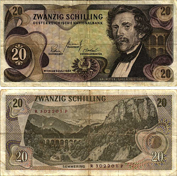 АВСТРИЯ 20 ШИЛЛИНГОВ 1967 (1968) 2 ИЮЛЯ 1967, КАРЛ РИТЕР фон ГЕГА Pick 142а бумага 8608-33-2