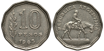 Аргентина 10 песо 1963 Гаучо KM 60 никелированная сталь 4182-513