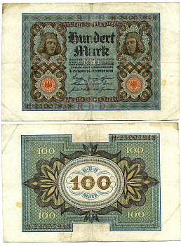 Германия 100 марок 1920 Бамбергский всадник, 8 цифр в номере Pick 69 b, Розенберг 69b бумага 3295-117-2-2