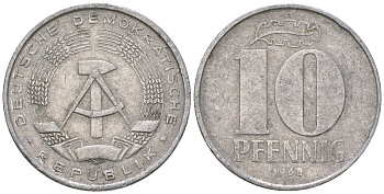 ГДР 10 пфеннигов 1968 A KM 10 алюминий 3459-621