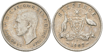Австралия 6 пенсов 1942 D, Георг V (1936-1952) KM 38 серебро 4623-224