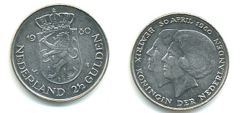 Нидерланды 2 1/2 гульдена 1980 коронация Беатрикс, 30 апреля 1980 KM 201 никель 84-1231