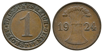 ГЕРМАНИЯ 1 РЕЙХСПФЕННИГ 1924 J KM 37, J.313 бронза 4380-1065