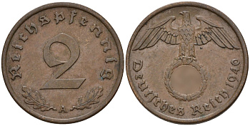Германия 2 рейхспфеннига 1940 A KM 90, J. 362 бронза 4151-345