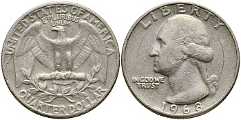 США 25 центов (квотер) 1968 Вашингтон KM 164а медь плакированная медно-никелем 4388-342