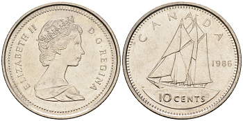Канада 10 центов 1986 Елизавета II (1952-2022), парусник KM 77.2 никель  4147-365