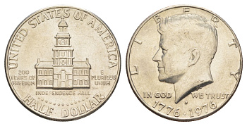 США 1/2 доллара (50 центов) 1976 D, 200 лет независимости, Джон Кеннеди KM 205 медь плакированная медно-никелем aUNC 4545-944