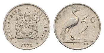 ЮАР 5 центов 1972 герб, райский журавль KM 84 никель 4694-435