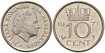 Нидерланды 10 центов 1971 Юлиана (1948-1980) KM 182 никель 4152-1057