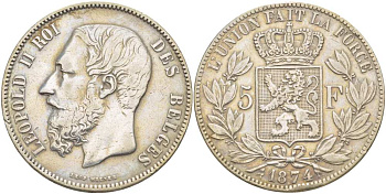 Бельгия 5 франков 1874 Леопольд II (1865-1909) KM 24 серебро 4184-632