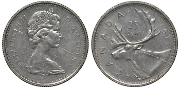 Канада 25 центов 1975 олень карибу, Елизавета II (1952-) KM 62b никель 4128-646