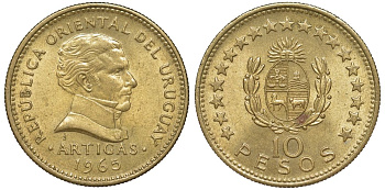 Уругвай 10 песо 1965 KM 48 алюминиевая бронза 4574-936