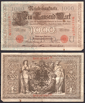 Германия 1000 марок 1910 Берлин,N; аллегорические фигуры («Мореплавание» и «Земледелие»), герб Pick 44 b бумага 7547-86-2-2